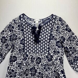 Tommy Bahama Women's XS Blue White Floral Tunic Dress 3/4 Sleeve Tassels